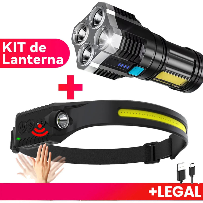 KIT de Lanterna Tática Recarregável + Lanterna de Cabeça Led